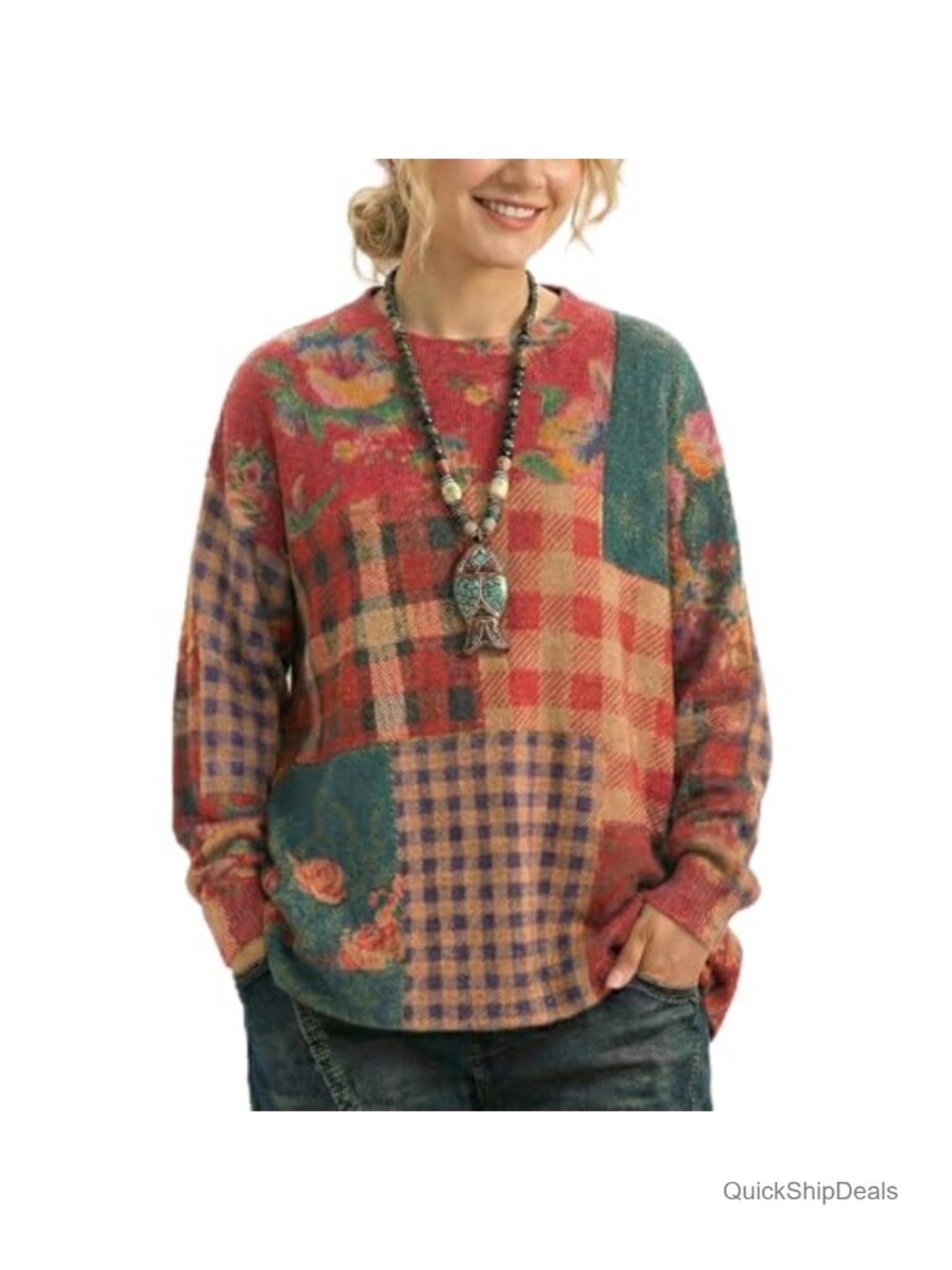 Oversized Graphic Print Knit Pullover Sweater Acrylic Nylon Crewneck